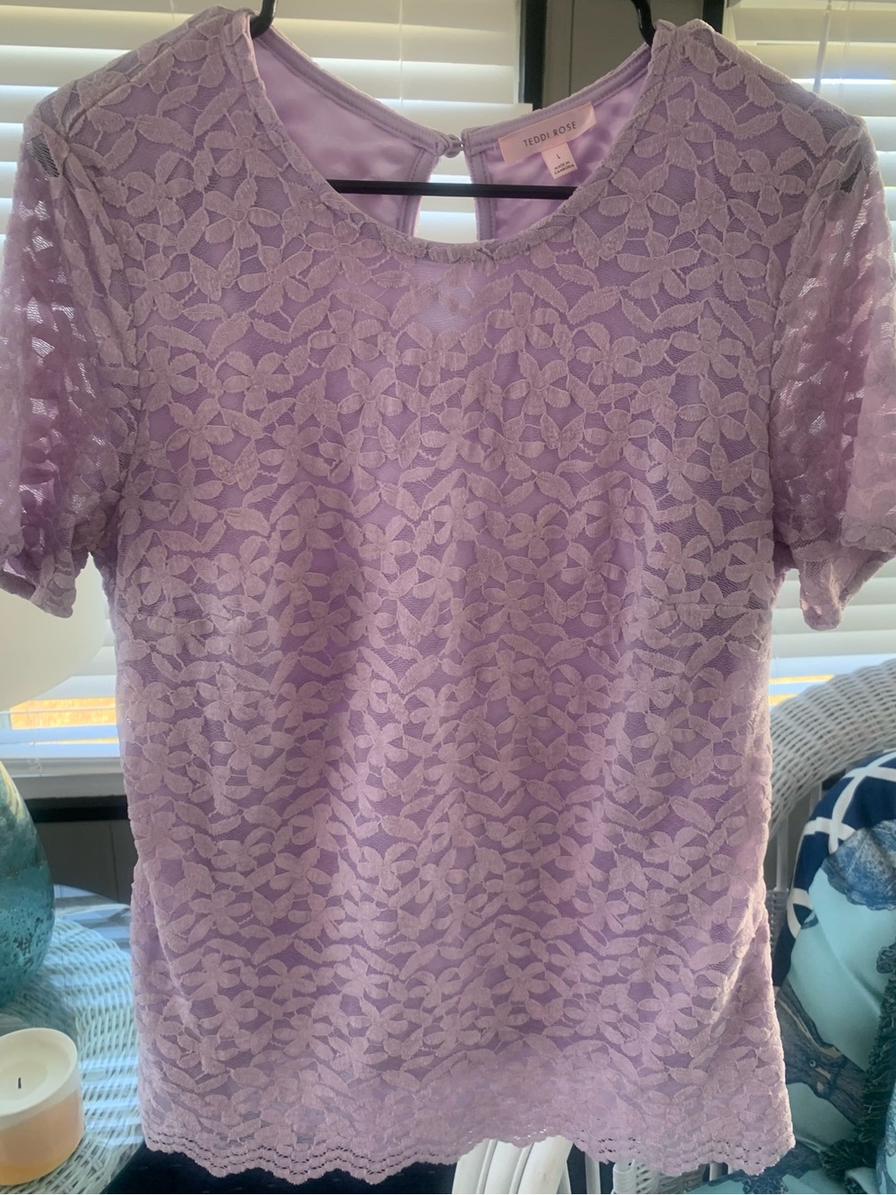 Teddi Rose Lavender Floral Lace Lined Short Sleeve Top Sz L